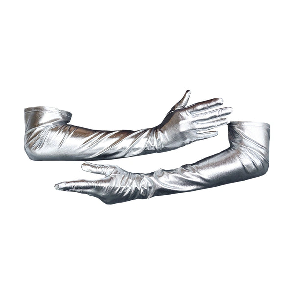 opera length metallic silver vinyl gloves with arms crossed