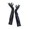 full view of opera length metallic black vinyl gloves with bunched sleeves