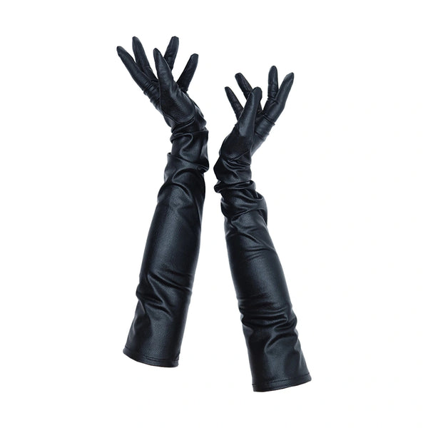 full view of opera length metallic black vinyl gloves with bunched sleeves