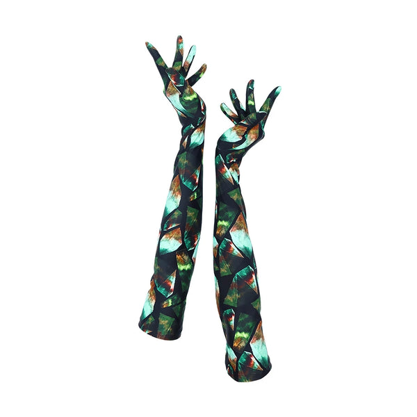 full view of opera length gem print spandex gloves
