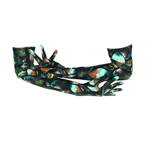 opera length gem print spandex gloves with cradled arms