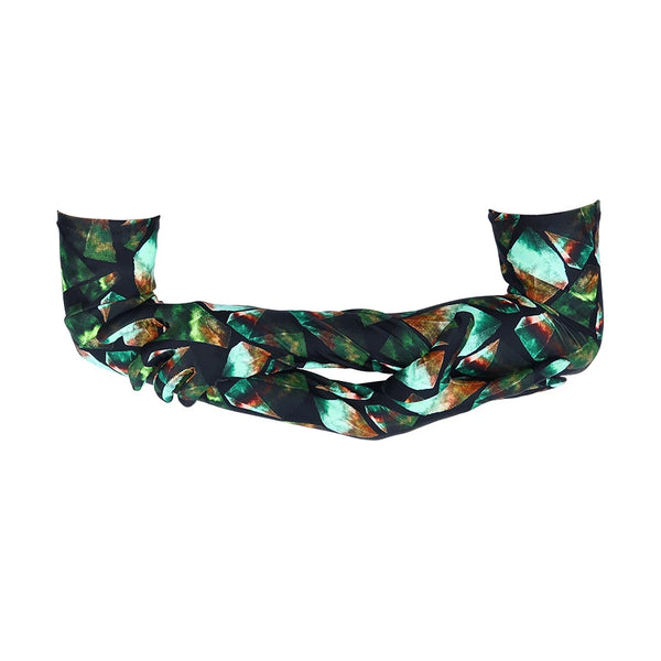 opera length gem print spandex gloves with arms folded