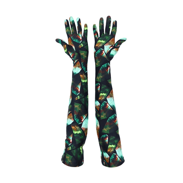 opera length gem print spandex gloves with open palms