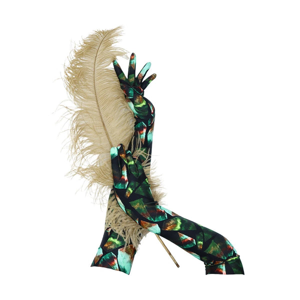 opera length gem print spandex gloves holding a cream feather