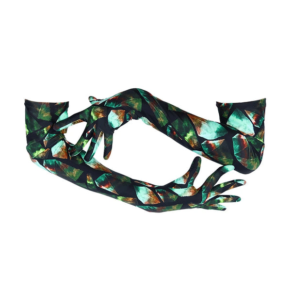 opera length gem print spandex gloves with scooped arms