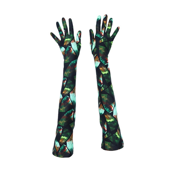 top view of opera length gem print spandex gloves