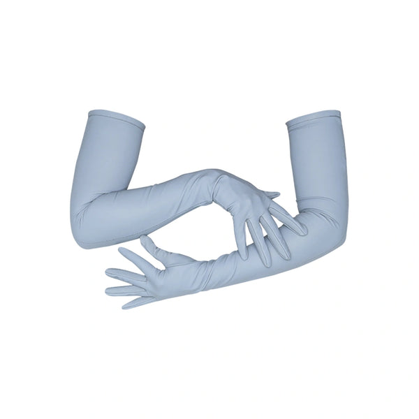 opera length silver reflective vinyl gloves pith posed arms no flash
