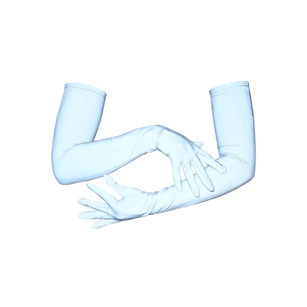 opera length silver reflective vinyl gloves with posed arms flash on