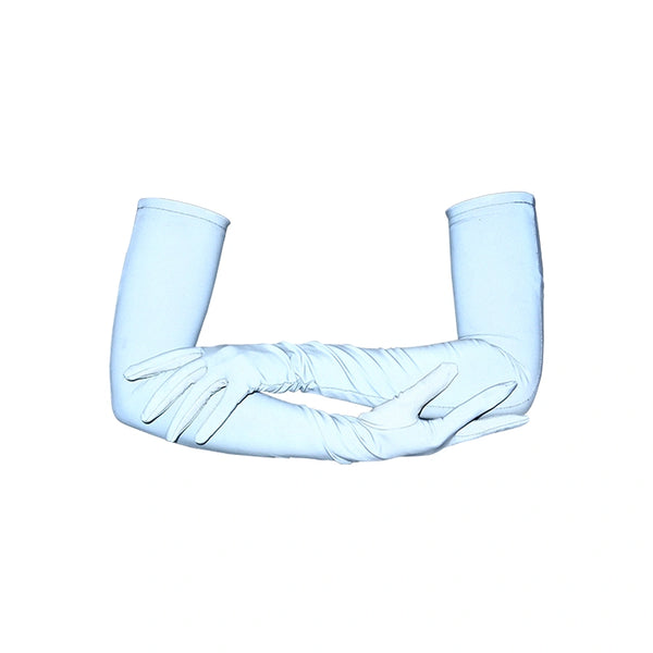 opera length silver reflective vinyl gloves with crossed arms and flash on
