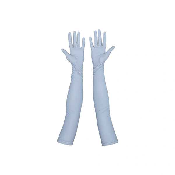 opera length silver reflective vinyl gloves with open palms no flash