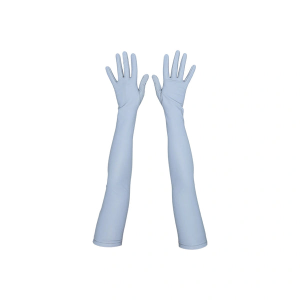 top view of opera length silver reflective vinyl gloves without flash