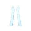 top view of opera length silver reflective vinyl gloves with flash