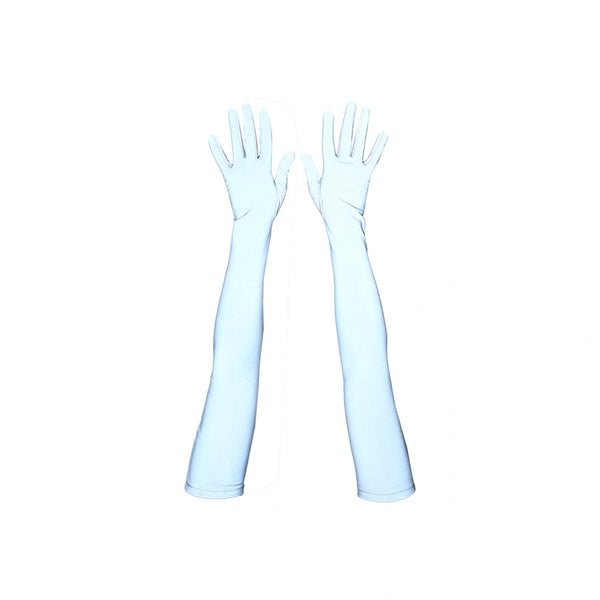 top view of opera length silver reflective vinyl gloves with flash