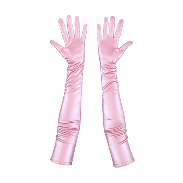 opera length shiny pink vinyl gloves with open palms