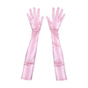 top view of opera length shiny pink vinyl gloves