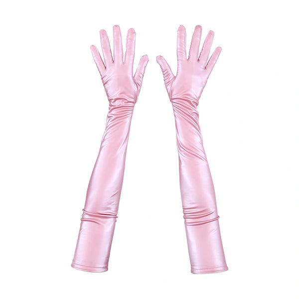 top view of opera length shiny pink vinyl gloves