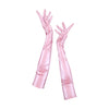 full view of opera length shiny pink vinyl gloves