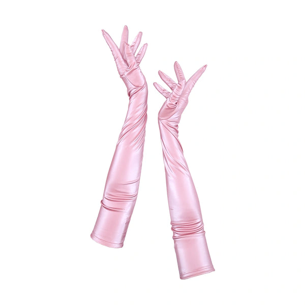 full view of opera length shiny pink vinyl gloves