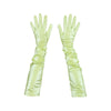 top view of opera length shiny light yellow vinyl gloves with scrunched sleeves