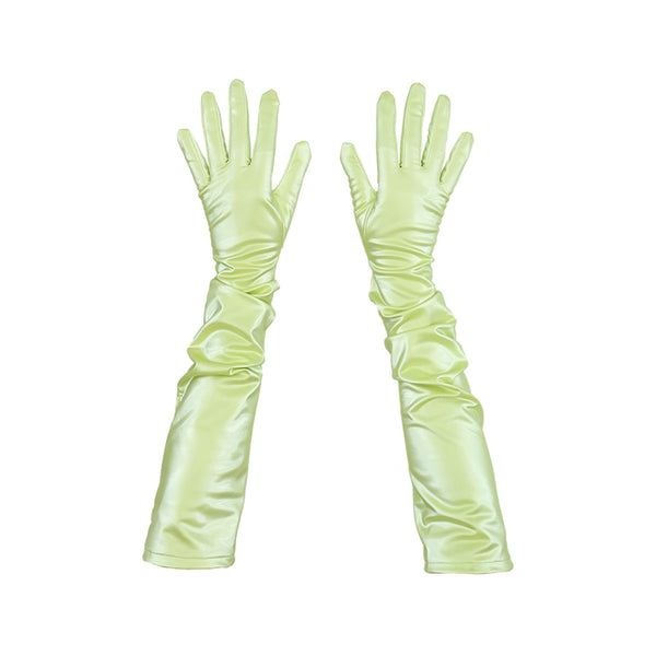 top view of opera length shiny light yellow vinyl gloves with scrunched sleeves