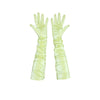 opera length shiny light yellow vinyl gloves with scrunched sleeves and open palms