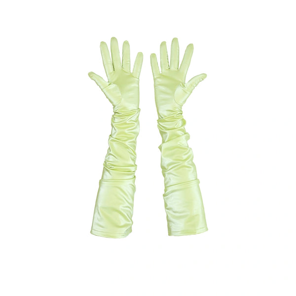 opera length shiny light yellow vinyl gloves with scrunched sleeves and open palms