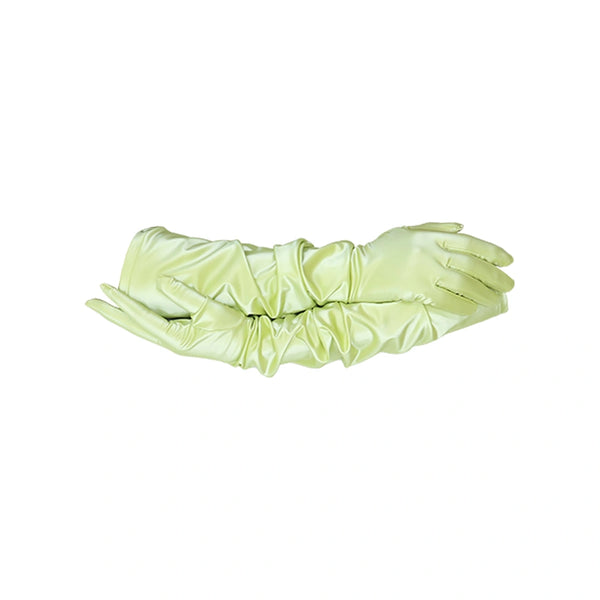 opera length shiny light yellow vinyl gloves with arms folded
