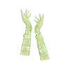 full view of opera length shiny light yellow vinyl gloves with scrunched sleeves