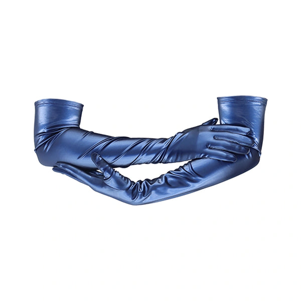 opera length shiny navy vinyl gloves with left hand resting on cradled right arm