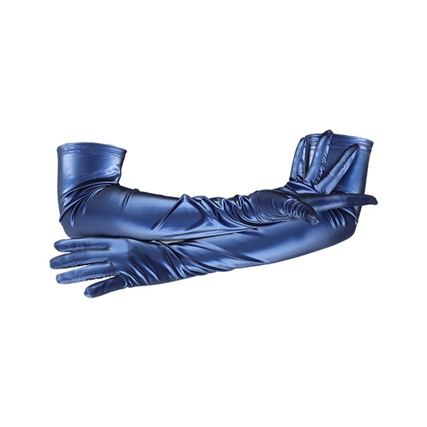 opera length shiny navy vinyl gloves with folded arms