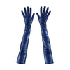top view of opera length shiny navy vinyl gloves