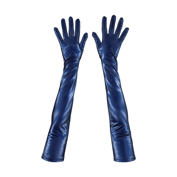 top view of opera length shiny navy vinyl gloves