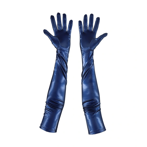 opera length shiny navy vinyl gloves with open palms
