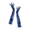 full view of opera length shiny navy vinyl gloves
