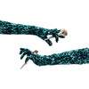 opera length velour jade leopard print gloves holding makeup brushes