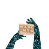 opera length velour jade leopard print gloves holding wooden Made in NYC sign