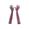 top view of opera length velour pink leopard print gloves