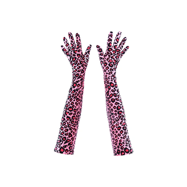 top view of opera length velour pink leopard print gloves