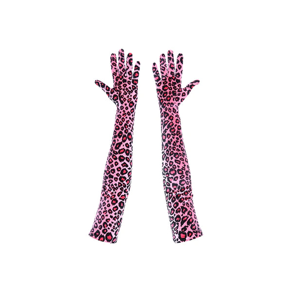 opera length velour pink leopard print gloves with open palms