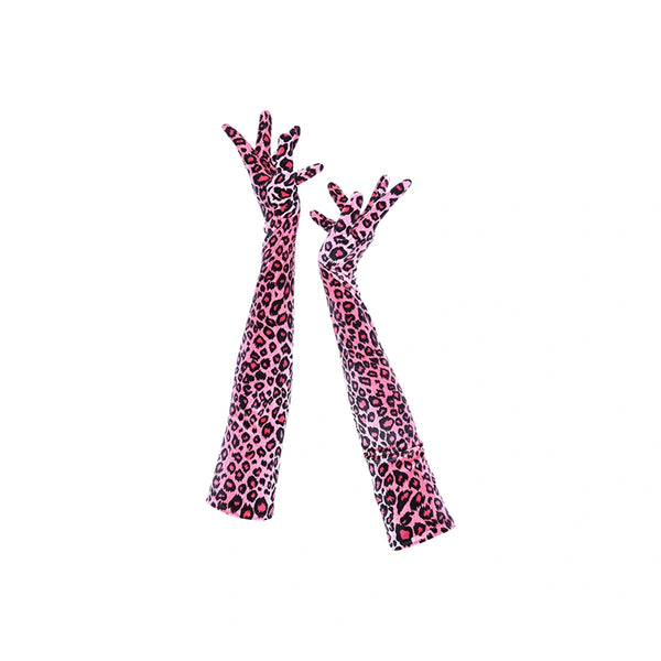 full view of opera length velour pink leopard print gloves