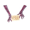 opera length velour pink leopard print gloves holding wooden Made in NYC sign