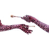 opera length velour pink leopard print gloves holding makeup brushes