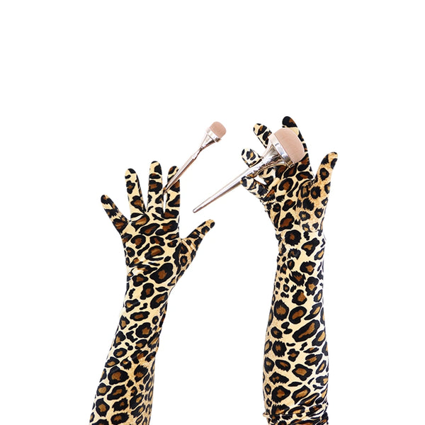 opera length velour natural leopard print gloves holding makeup brushes