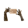opera length velour natural leopard print gloves holding wooden Made in NYC sign