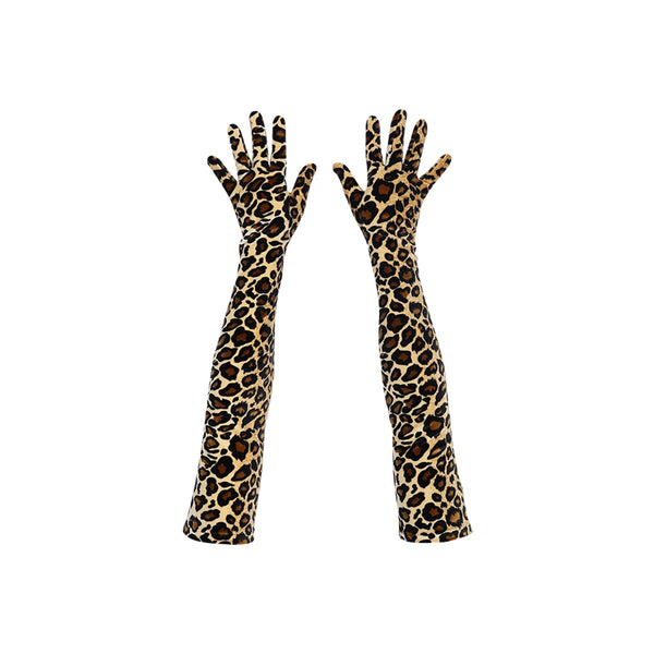 top view of opera length velour natural leopard print gloves
