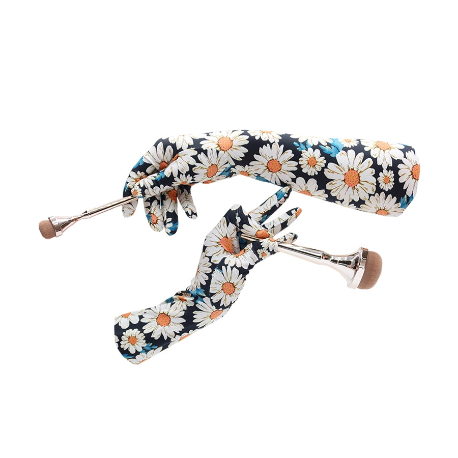 opera length daisy print spandex gloves holding makeup brushes