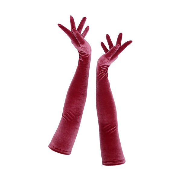full view of opera length burgundy velour gloves