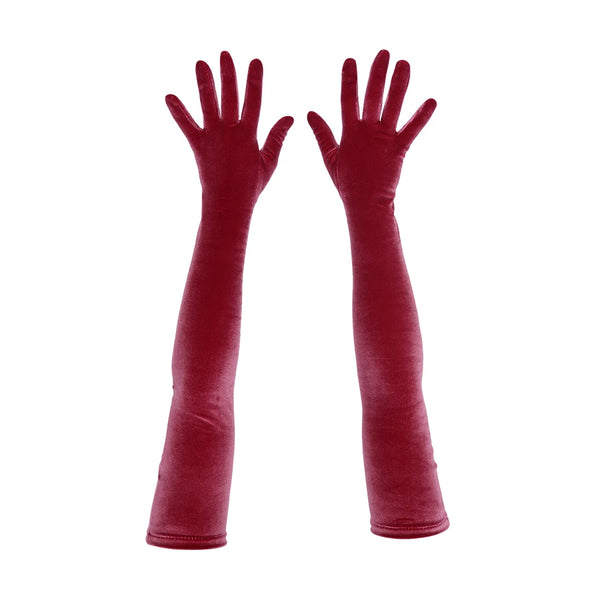 top view of opera length burgundy velour gloves