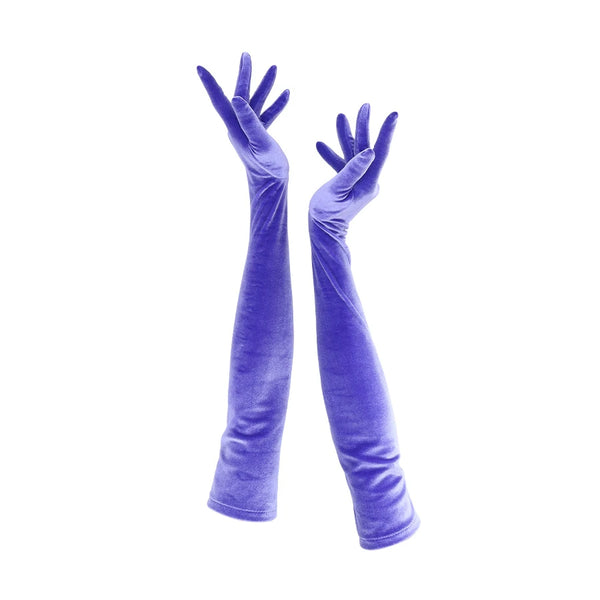 full view of opera length purple velour gloves