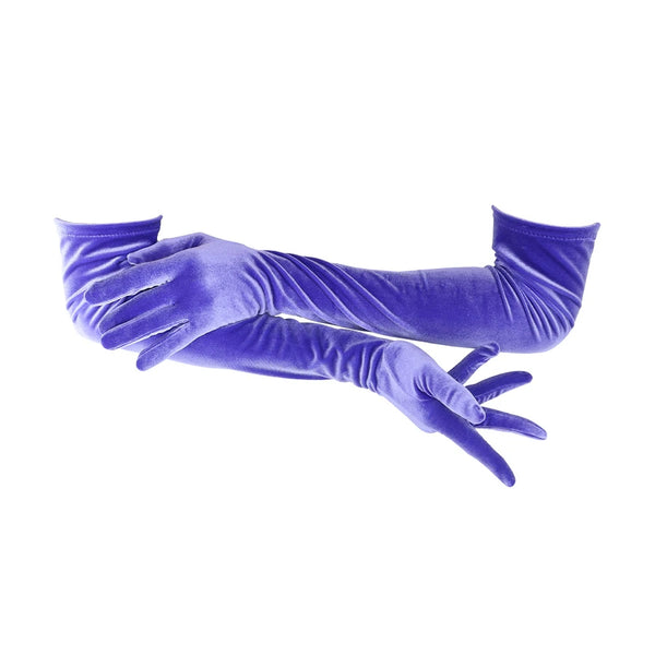 opera length purple velour gloves with right hand resting over left arm